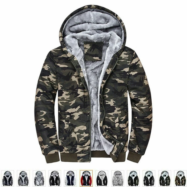 Men's Camouflage Camo Fur Fleece Lined Zip Hoodie Jacket Winter Warm Hooded Coat