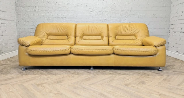 Mid-Century Vintage German Mustard Yellow Leather De Sede Style 3 Seater Sofa