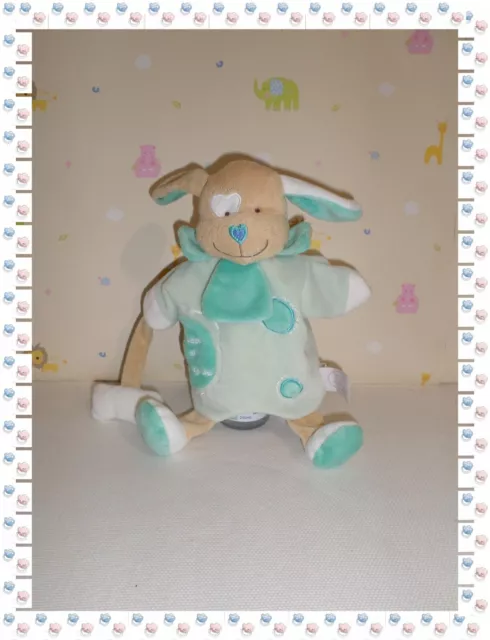 Doudou Plat  Marionnette Mario Chien Blanc Vert Beige Os  Doudou et Compagnie