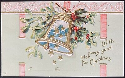 Christmas Postcard C.1908 (M37)~A Merry Christmas Embossed Bell And Holly
