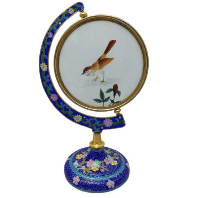 Chinese Asian Silk Embroidered Picture Bird Brass Blue Enamel Frame Spins 10"