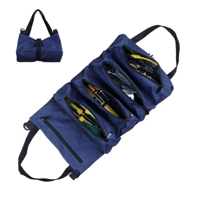 Canvas Tool Bag Roll Up Pouch with 5 Pockets for Motorcycle Electricians