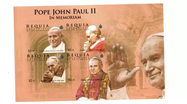 Bequia 2010 - Pope john Paul ll - 5th Memorial - Sheet of 4 Stamps - IMPERF -MNH