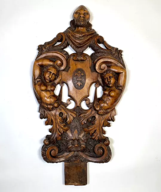Antique Italian Neo-Rennaisance Hand Carved Wooden Sgabello Carving, Nude Woman