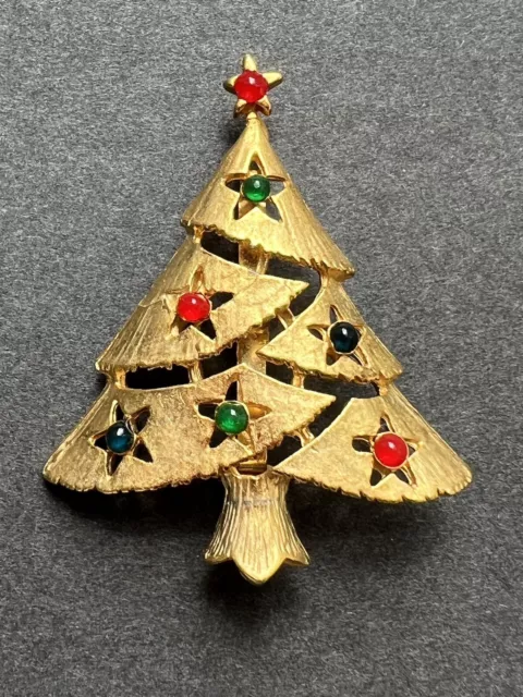 EISENBERG ICE SIGNED Christmas Tree Pin Brooch Goldtone Multi Color Gems VTG