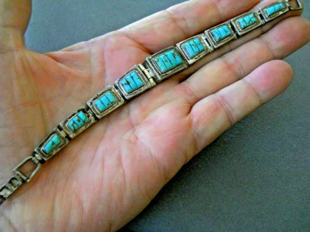 Southwestern Carved Raised Turquoise Inlay Sterling Silver Hinged Panel Bracelet