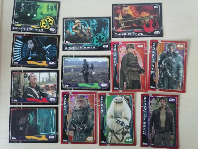 12 Star Wars Rogue One Topps Trading Cards. Cassian Andor, Jyn Erso,Saw Guerrera