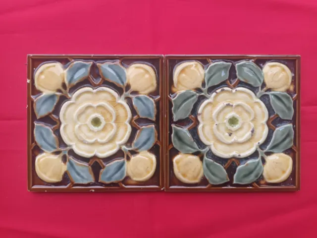 2 Piece Old Art Flower Design Embossed Majolica Ceramic Tiles Belgium 0212