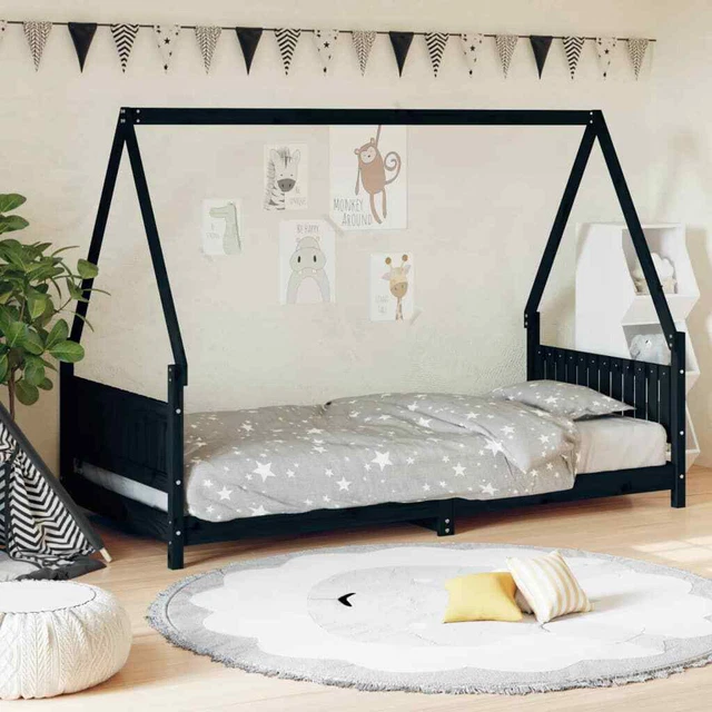 Giroletto per Bambini Nero 90x190 cm in Legno Massello di Pino vidaXL