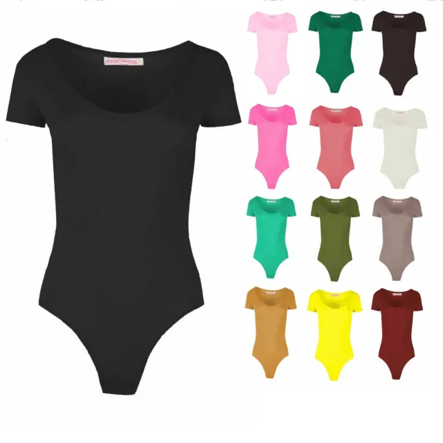 Womens Cap Short Sleeve Plain Round Neck Stretch Leotard Bodysuit UK Size