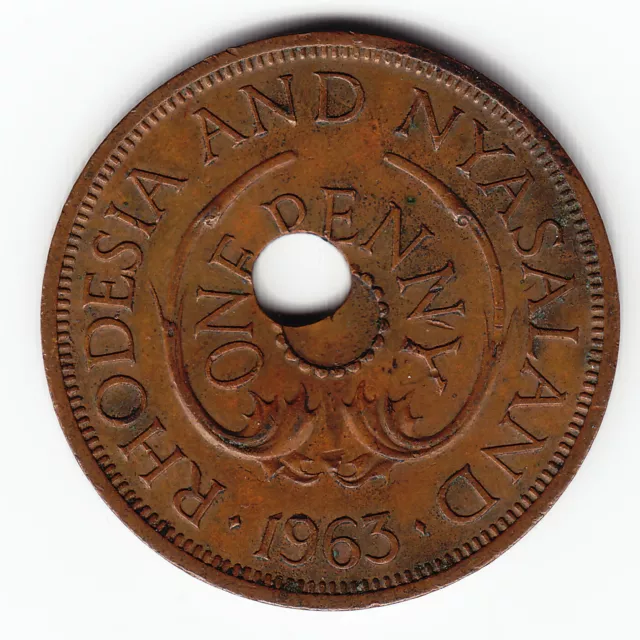 RHODESIA & NYASALAND 1 penny 1963 KM2 TERRIFIC ERROR Off-Center Hole VERY RARE!!