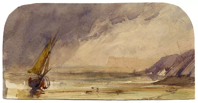 Paysage côtier avec voilier - aquarelle miniature du début du XIXe siècle