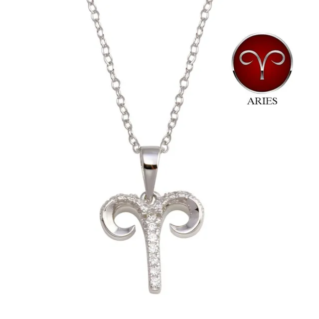 Aries Zodiac Sign Necklace Pendant W/ Lab Diamonds / 925 Sterling Silver