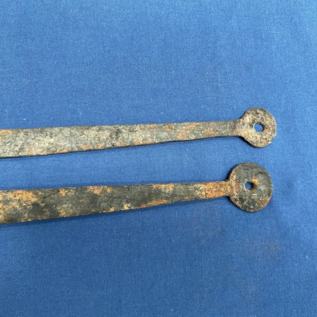 Pair Antique Hand Forged Iron Barn Door Strap Hinges 18 1/8 & 17 7/8" 5