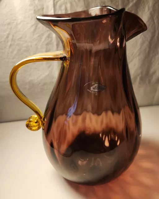 Large Blenko Handblown Amethyst Glass Pitcher with Applied Amber Handle 11" T.