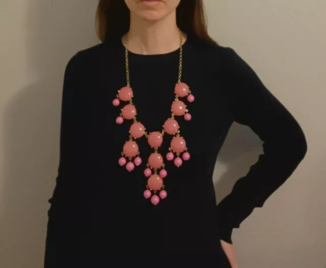 Ily Couture Statement Bib Necklace Pink Round Lucite Stones Dangles 15" Drop 2