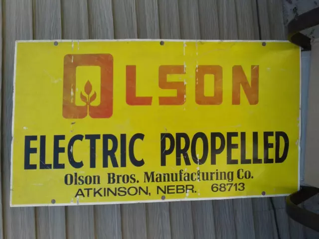 Collectible agriculture advertising OLSON ELECTRIC PROPELLED metal sign.