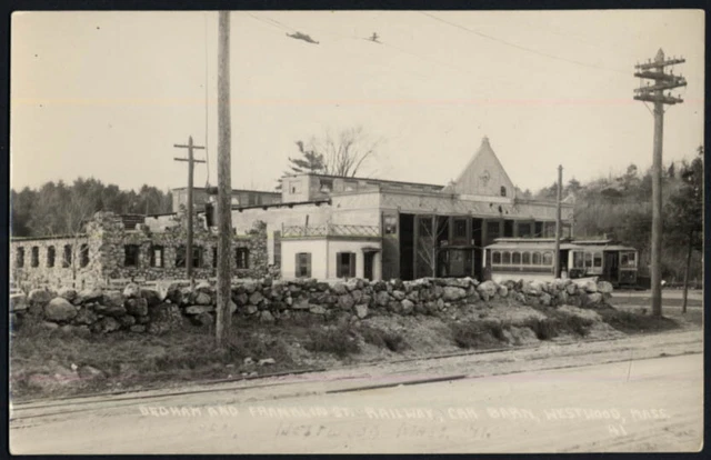 Dedham & Franklin St Railray streetcar barn Westwood MA RPPC postcard ca 1910