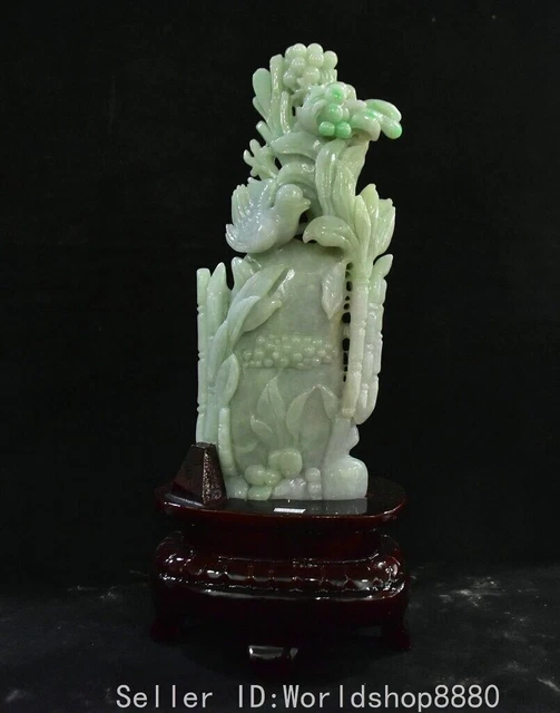 12.4" China Natural Emerald Jade Carved Mandarin Duck Bird Flower Bamboo Statue