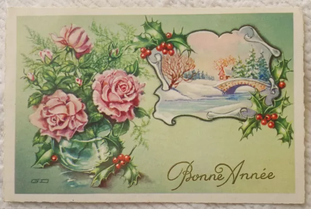 CPA Fantaisie - Bonne Année - Bouquet de Roses - Houx - Paysage d'hiver - 1956