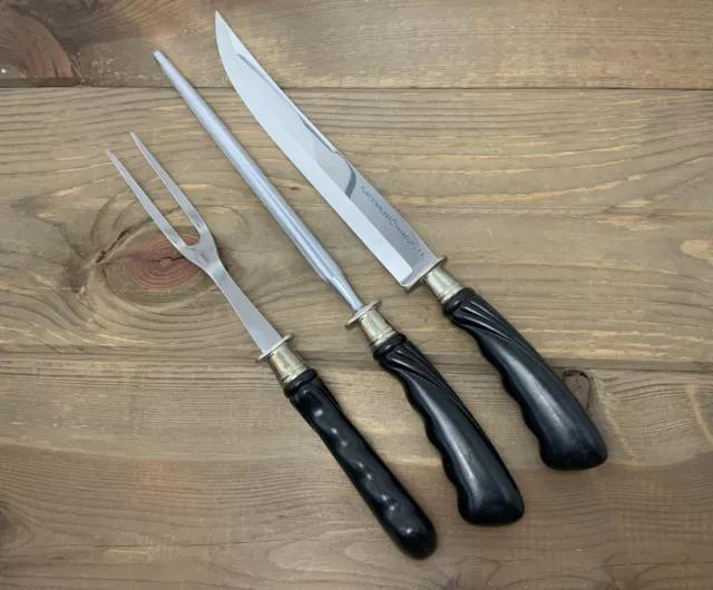 Vintage EKCO Flint CARVING SET Knife Sharpening Steel Meat Fork Black Excellent