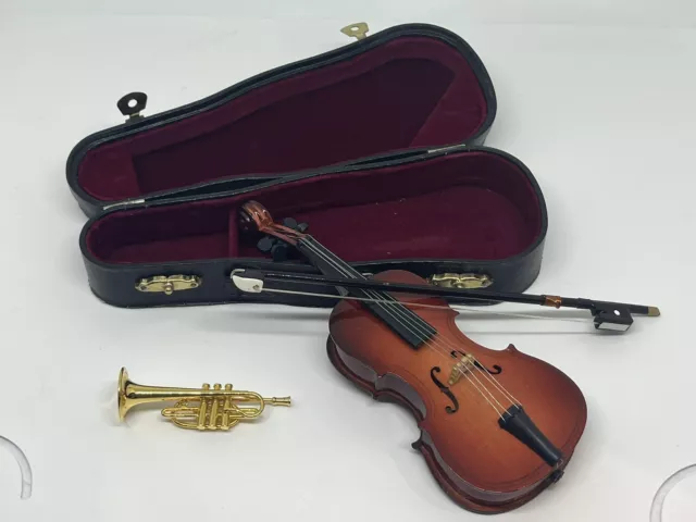 Miniature/Mini Violin, Bow & Black Hard Case Trumpet Musical Instrument Ornament