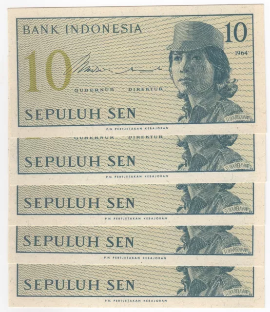 Indonesia 1964, 10 Sen, Lot of 5 Banknote in Consecutive Serial Numbers P92, UNC