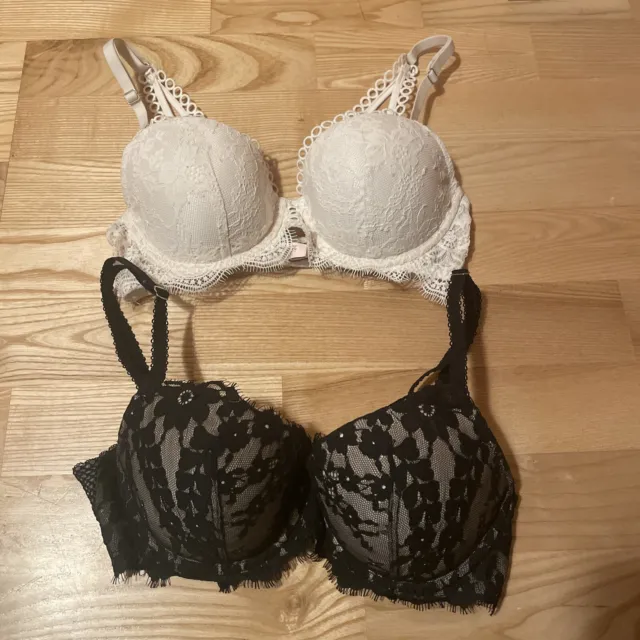 2 Bras Victorias Secret Dream Angels lined Demi bra lace underwire 32D Black Wht