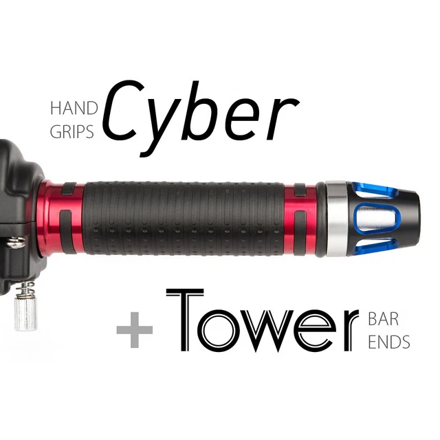 KiWAV Motorcycle Cyber Grips Red with Tower Bar Ends Blue/Silver