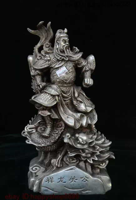 Chinese Folk Silver Guan Gong Guan Yu Warrior God Sword Stand in Dragon Statue