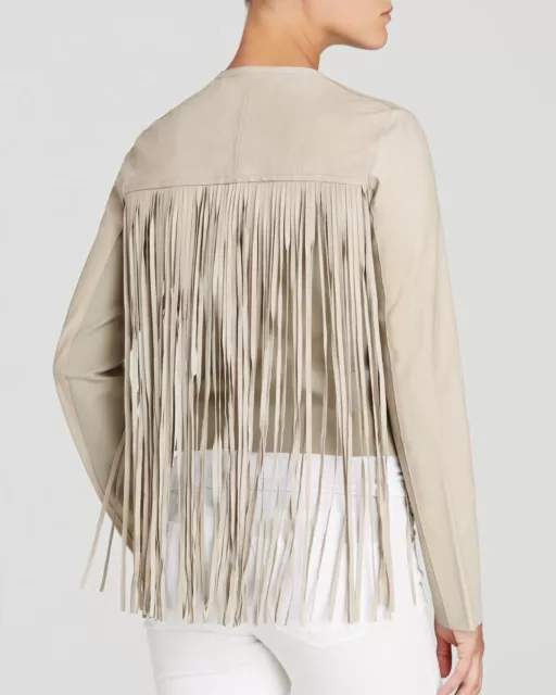 Elie Tahari Paulina Fringe Solid Beige Sand Leather Motorcycle Jacket Size Large 2