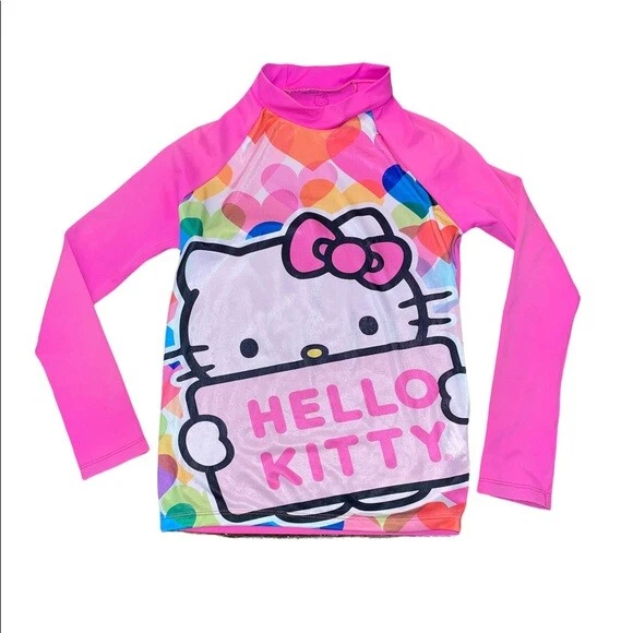 Hello Kitty Swim Shirt Girls 10 Beach UV Rashguard Long Sleeves