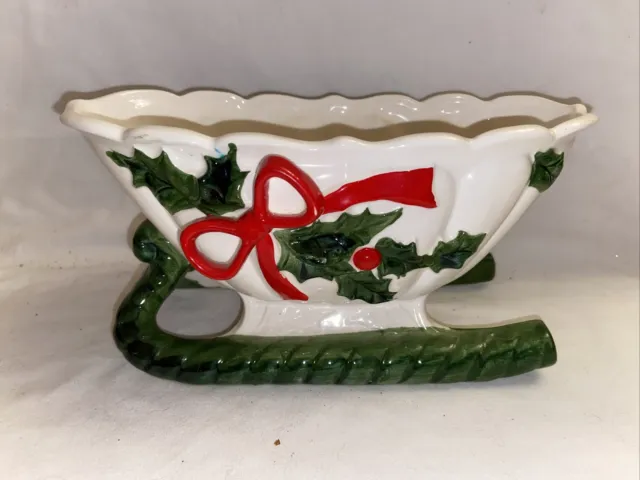 VTG Lefton W/Label  #7746  Holly Sleigh  Vintage Porcelain Christmas Candy Dish
