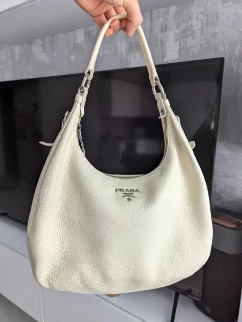 PRADA Vitello Daino Hobo Shoulder Bag Cream Ivory Pebbled Leather Purse Handbag