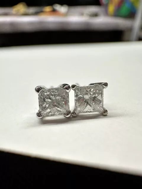 .70 Ctw Diamond Princess Cut Stud Earrings 14k White Gold