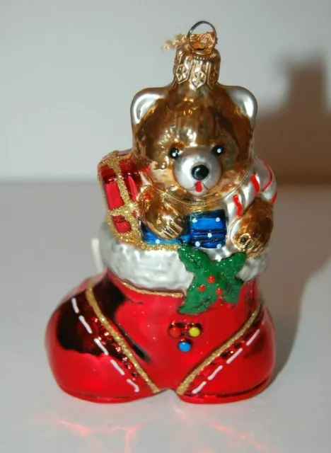 Vintage Kurt Adler Polonaise Christmas Glass Ornament Teddy Bear In Santa Boot