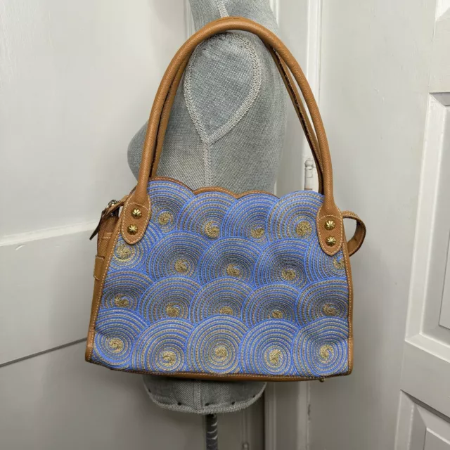 Vintage Eric Javits Woven Raffia Blue and Tan Circle Print Handbag Shoulder Bag