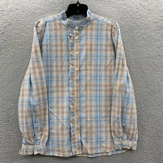 LOFT Shirt Womens Large Plaid Button Up Blouse Top Long Sleeve Tan Blue