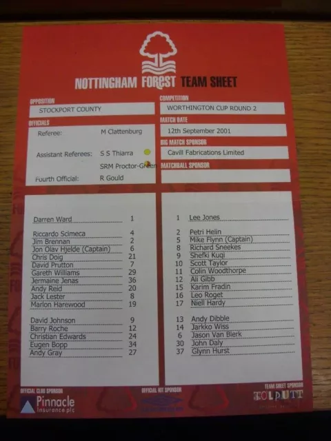 12/09/2001 Colour Teamsheet: Nottingham Forest v Stockport County [Football Leag