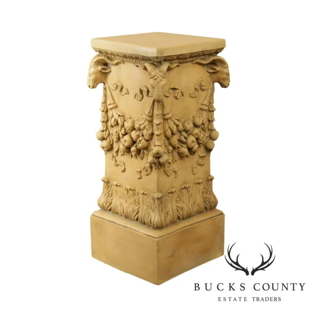 Impruneta Italian Renaissance Vintage Carved Column Pedestal with Rams Heads