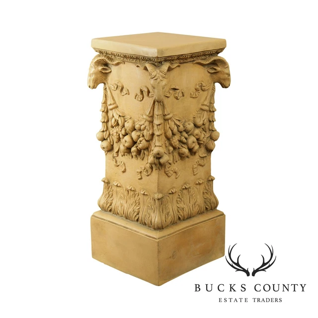 Impruneta Italian Renaissance Vintage Carved Column Pedestal with Rams Heads