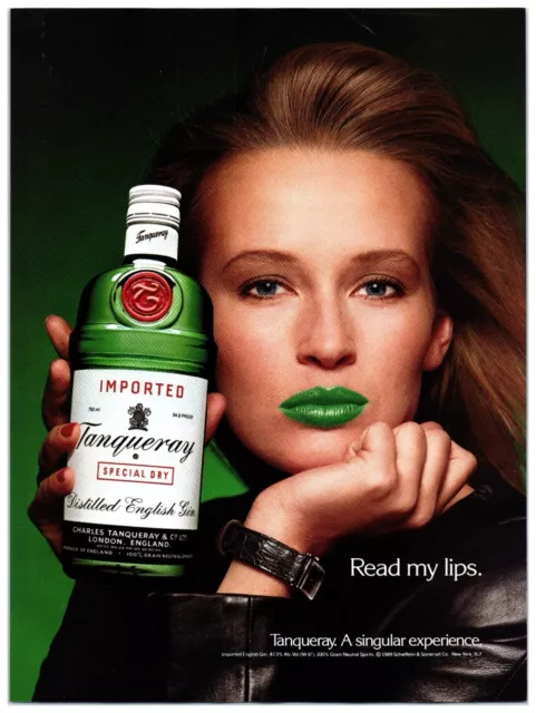 Tanqueray Gin "READ MY LIPS" Beautiful Woman Green Lips 1989 Print Ad 8"w x 11"