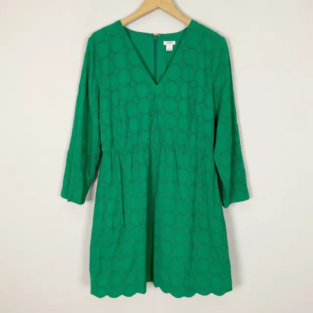 J. CREW Size 10 Green V-NECK LACE DRESS Long Sleeve Spring Cotton Women’s