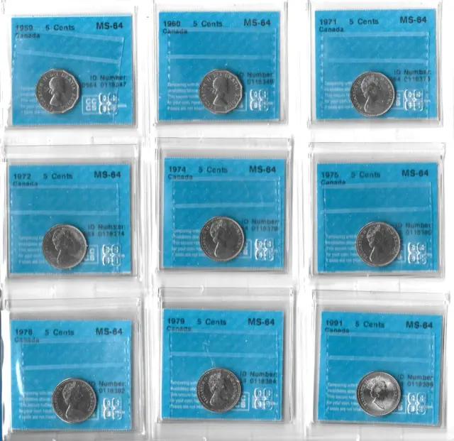 Canada - A Collection of 9 Very Choice BU 3rd Party Graded Nickels - No Reserve!