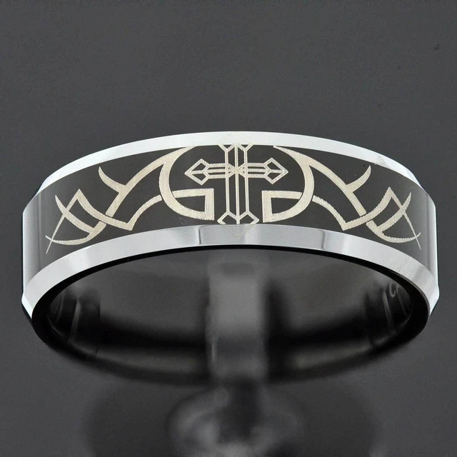 8mm Tungsten Black Center Bevel Edge Religious Celtic Cross Men's Wedding Band