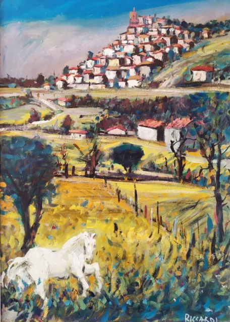 CARLO RICCARDI Paysage de Campagne Italienne avec Maisons Peinture à Huile