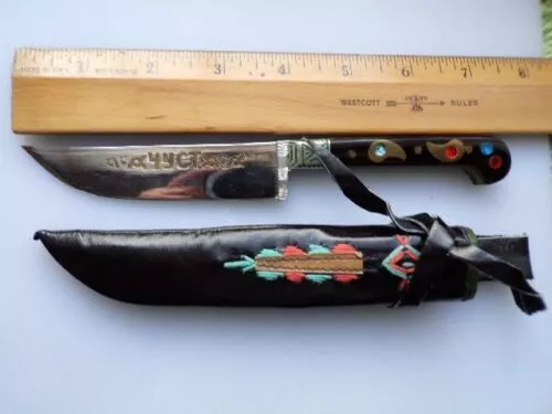 Vintage 7.5" Fixed Blade knife Inlaid Exotic fancy work w/stitch-work sheath