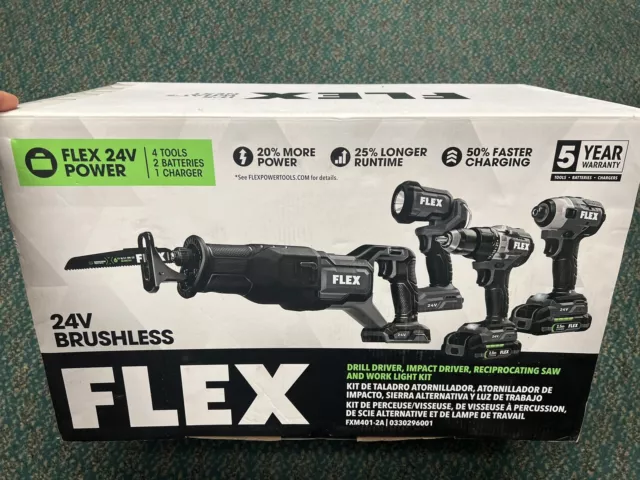 FLEX 4-Tool 24V Brushless Power Tool Combo Kit 2 Batteries & Charger FXM401-2A