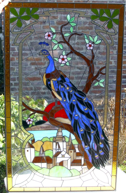 Jugendstilfenster "Pfau" Tiffanytechnik, Buntglas, Handarbeit (Klarglas)
