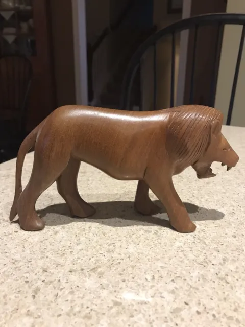 Vintage Hand Carved Wooden African Roaring Lion Figurine Solid Wood Animal
